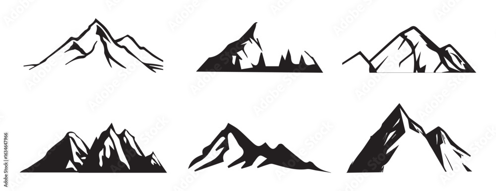 Fototapeta premium Editable vector set of mountain outlines and rugged peaks in solid black style, designed for outdoor-themed branding, travel materials, and wilderness visuals.