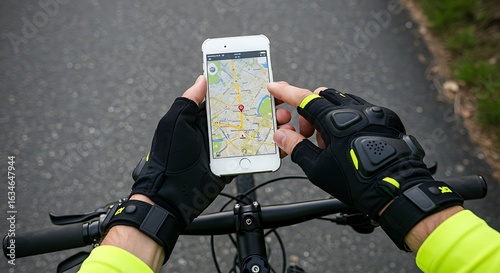 Cyclist checking navigation app on phone while riding a bike