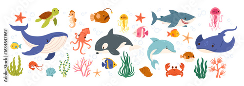 Underwater animal. Sea and ocean fish. Cartoon cute marine water fish, octopus, whale, shark, crab, jellyfish, turtle, seahorse, coral, algae. Underwater wildlife. Vector set