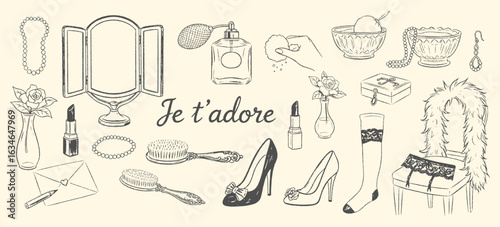 French Boudoir Icon Set. Vintage vector illustration of lingerie, perfume, and lipstick. Je t'adore beauty graphics. Feminine hand drawn sticker clipart for romantic and fashion design.