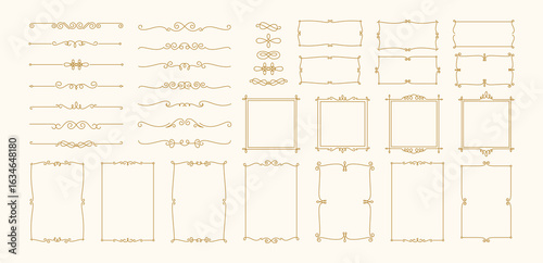Vintage elegant frames. Retro decorative ornate borders. Gold luxury frame, border with curved scrolls, symmetrical shape elements for invitations, packaging, branding. Vector set
