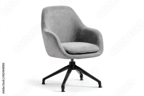 A light grey fabric armchair with a curved back and seat, resting on a black, four-legged swivel base.  The chair is modern and minimalist