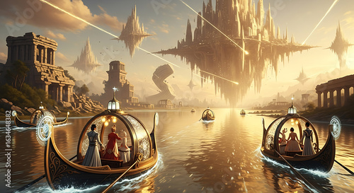 Ethereal Fantasy Scene with Elegant Boats on a Reflective River, People in Ancient Attire, and a Futuristic City with Glowing Structures and Floating Islands, Blending Past and Future.