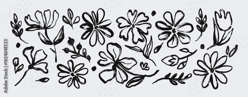 Ink flower. Black brush floral silhouette. Hand drawn grunge textured natural shapes. Sketch painted spring flower, leaves, branches, leaf, blossom, plant. Vector botanical set