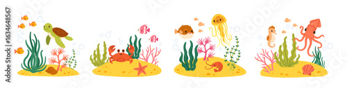 Cute sea animals. Underwater sea fish. Cartoon ocean coral reef composition with algae, shell, plant. Funny turtle, octopus, stars, baby crab, marine seahorse. Kids vector concept
