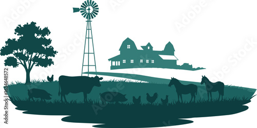 Farm animal landscape silhouette, rural countryside scene with barn, windmill, tree, cow, horse, pig, chicken, pasture field, vector art