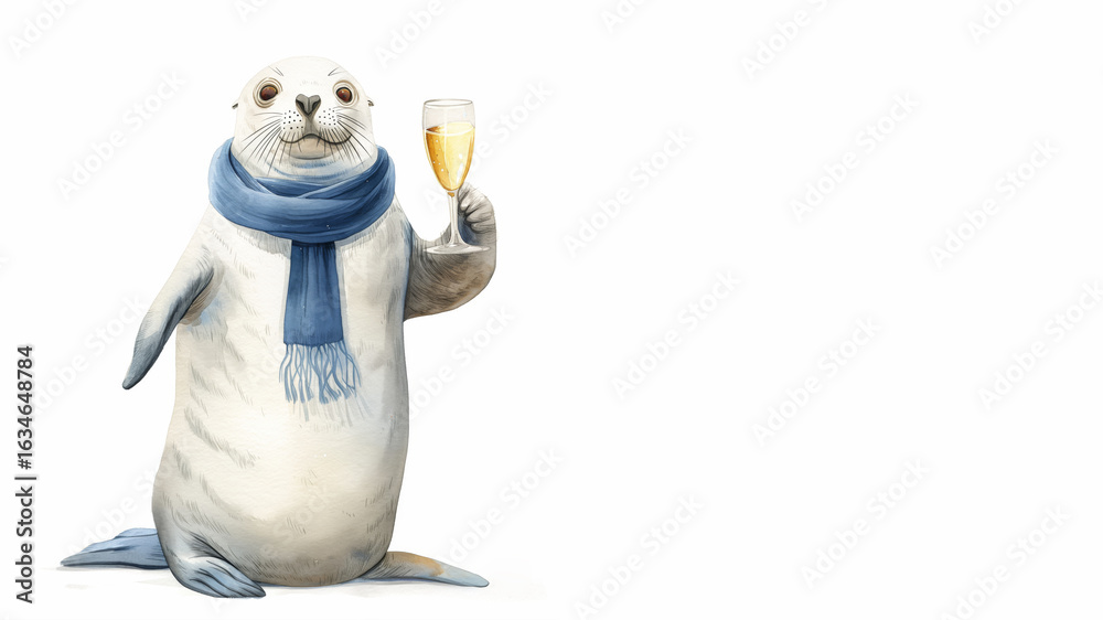 Fototapeta premium Cute seal holding sparkling drink in scarf. New Year party concept.