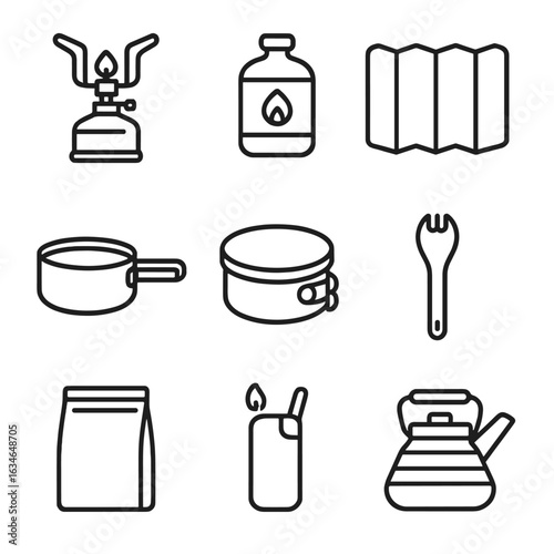 Pot food kettle portable collapsible vector icons mountain fuel cooking mess icon