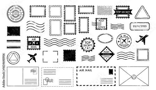 Postage stamps. Vintage mail stamp. Postal and decorative blank templates. Postmarks and cachets with perforated edges in various shapes for mail envelope, post office stamp. Vector set