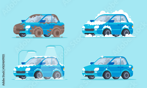Car wash. Washing cars service. Cartoon cleaning process vehicle. Dirty transport clean with foam. Auto care with soap suds, water jets. Washing clean car station. Vector concept