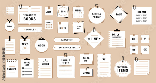 Simple note frames. Japanese style memos. Minimal stationery with layouts. Notebooks and memo papers, lined, grid, blank pages, memory stickers. Organization and writing vector set