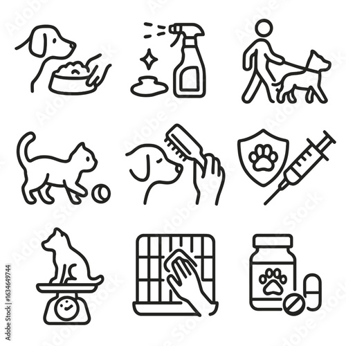 Symbol grooming icon walking cleaning pet vector medication vaccination care feeding session