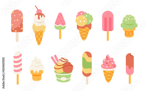 Ice cream. Cartoon summer frozen dessert. Cute colorful cold treats. Waffle cones with scoops, popsicles, sundaes, soft serve, fruit bars. Kids food and sweets icon. Vector set