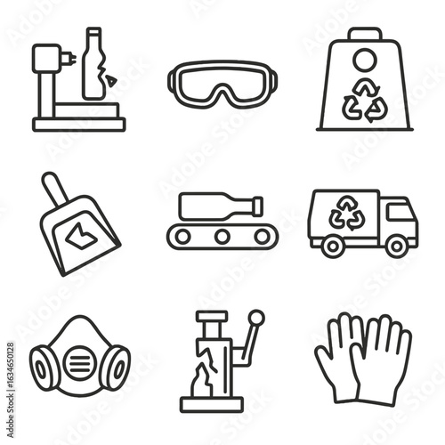 Gloves collection filter truck lever icon belt bottle recycling glass icons dustpan