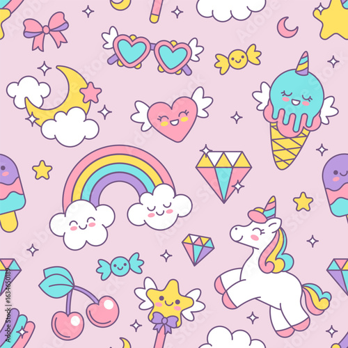 Cute unicorn pattern. Seamless kids rainbow background. Fantasy texture with unicorns, rainbows, hearts, stars. Funny magic baby horse print for textile, wallpaper. Vector illustration