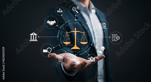 Law concept businessman holding scales of justice with technology icons