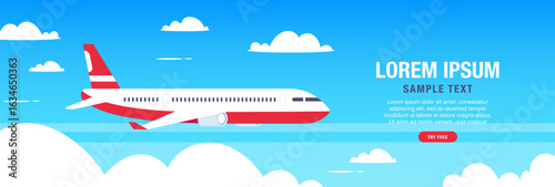 Flying airplane in sky. Plane between clouds. Dynamic airplane soaring through blue skies. Commercial jetliner with passenger on horizontal background. Vector travel concept