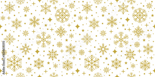 Christmas snowflake background. Winter holiday seamless pattern. Festive gold snowflakes, stars pattern with frosty charm. Repeating glitter, crystal snowflake elements. Vector texture
