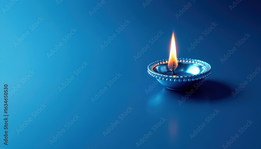 Fototapeta premium Lighted diya on blue surface for diwali celebration and decoration