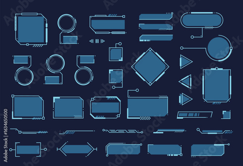 Futuristic interface elements. UI callouts titles. Tech bar labels, circular dashboards, holographic panels, high tech scanning lines, game UI graphic box, HUD frames. Vector set