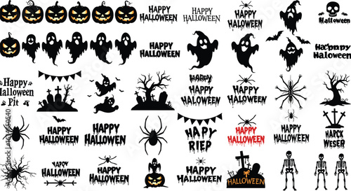 Halloween silhouette bundle with pumpkins, ghosts, spiders, skeletons, haunted trees, banners, bats, graveyards, text designs, scary clipart collection