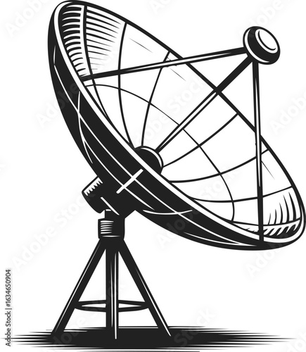 Satellite dish, antenna, communication device, broadcasting tool, vintage engraved illustration of a parabolic reflector