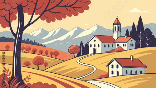 Rural landscape with houses, church, trees, mountains and fields in autumn colors in a peaceful and serene countryside scene