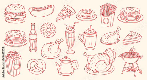 American Food Vector Illustration Set. Red Line Art Doodle of Classic Diner and Holiday Food. Hand Drawn Icons of a Burger, Hot Dog, and Turkey for a Restaurant Menu and Party Design.