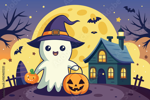 A cute ghost with pumpkins in front of a spooky house on halloween night