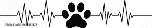 Heartbeat line with dog paw print vector, pet love symbol design, black silhouette on white background for tattoo, decal, sticker