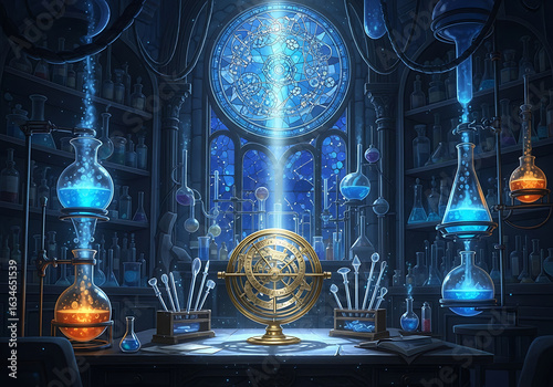 Fantastical Alchemist's Laboratory Filled with Glowing Potions, Complex Glassware, a Central Astrolabe, and a Large Stained-Glass Window, Evoking a Sense of Magic, Ancient Knowledge and Science.