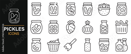 Pickled Cucumbers, Vegetables, and Jars Vector Icons for Grocery and Food Storage