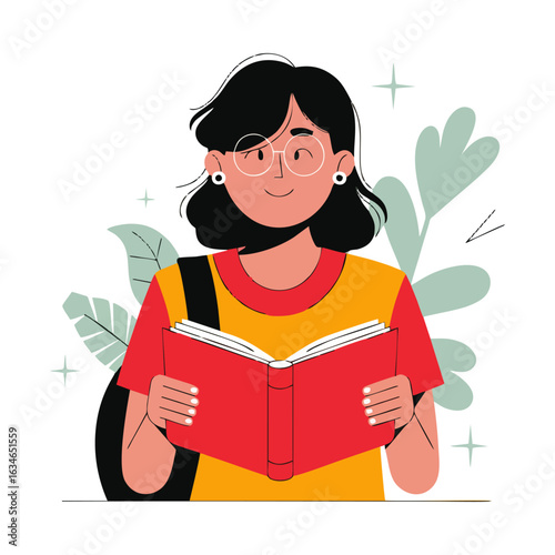 Cheerful student girl deeply engaged in reading a book, reflecting joy, curiosity, and a love for learning