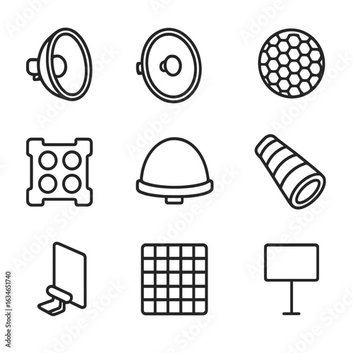 Lighting bounce beauty diffusion grid dome reflector modifier card vector icon icons