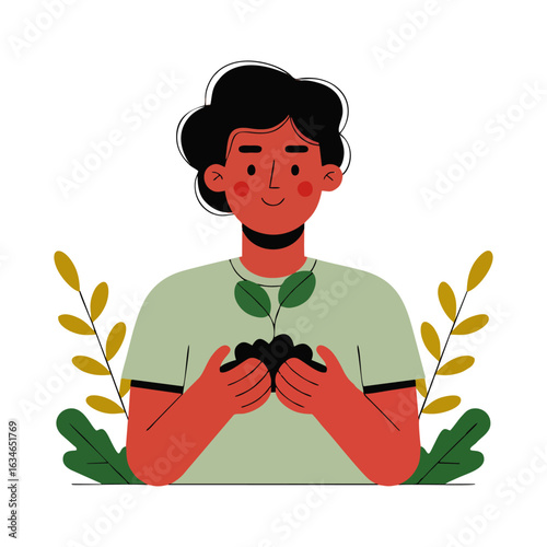 Joyful individual nurturing a small plant sprout, symbolizing care for nature, sustainability, and green future growth