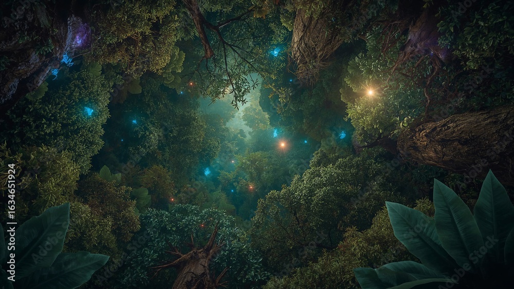 Naklejka premium Revealing dense forest canopy stretching overhead in forest floor view, with glowing floating orbs