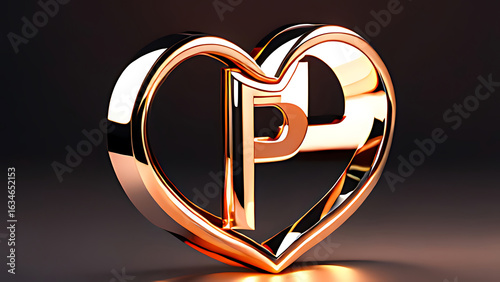 Elegant 3D Letter 'P' Monogram in a Rose Gold Heart Frame