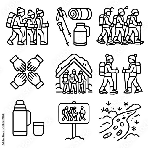 Path thermos team vector snowshoe group trail hiking shelter icon icons winter
