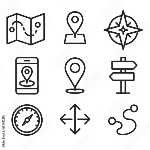 Vector path set travel trail symbol altimeter hiking signpost rose pin icon