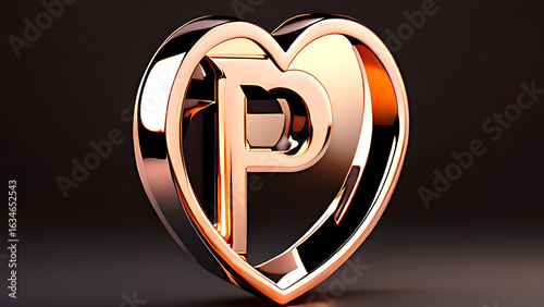 Elegant 3D Letter 'P' Monogram in a Rose Gold Heart Frame