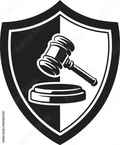 Shield with hammer gavel emblem, legal symbol, justice icon, court representation, law enforcement badge
