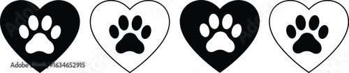 Paw print heart vector, pet love symbol, dog cat paw, animal care icon, silhouette design, black and white art