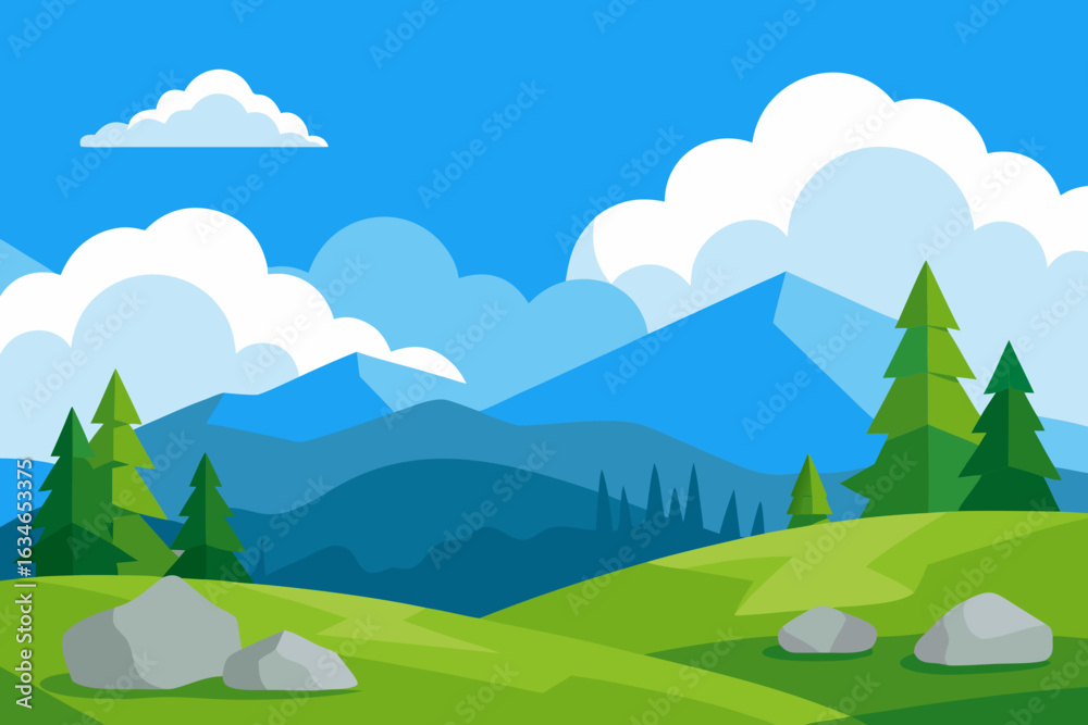 Fototapeta premium Animated landscape scene unfolds under a clear blue sky filled with white clouds