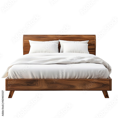 Wooden bed with white pillows and blanket front view isolated on transparent background
