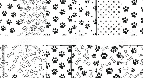 Seamless dog paw and bone patterns, pet footprint vector set, cute animal background designs, black icons on white backdrop