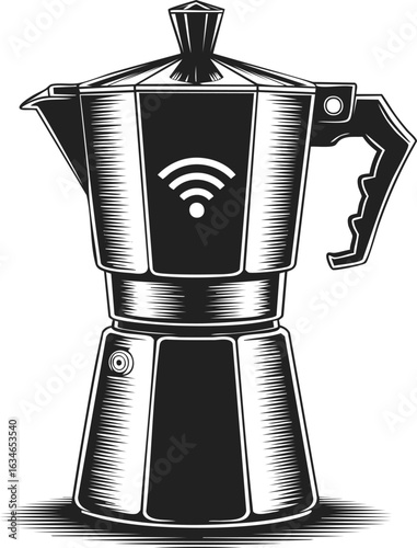 Smart coffee maker, vintage espresso pot, italian coffee brewer, automated moka pot, contemporary barista tool, engraved coffee maker illustration