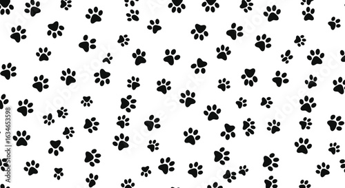 Seamless paw print pattern, black dog and cat footprints background, cute pet animal trail design, vector illustration, isolated backdrop