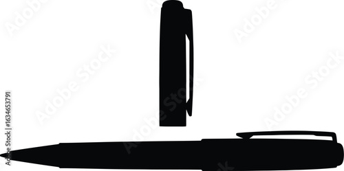 A sleek black pen silhouette with its cap removed presents a minimalist design, ideal for illustrating writing, office supplies, or creative tools in a modern context.