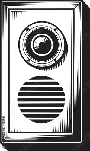 Smart intercom speaker, audio device, communication tool, sound system, door intercom, vintage engraved illustration of a door speaker design