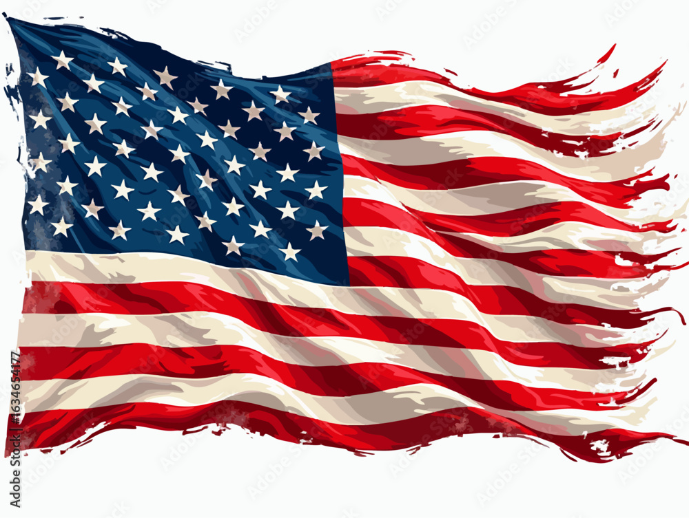 Fototapeta premium Vector design with decorative drawing of torn national flag of usa is fluttering in wind. Fashion t-shirt print. American pattern of stars and wavy stripes for textiles, fabric, clothing.